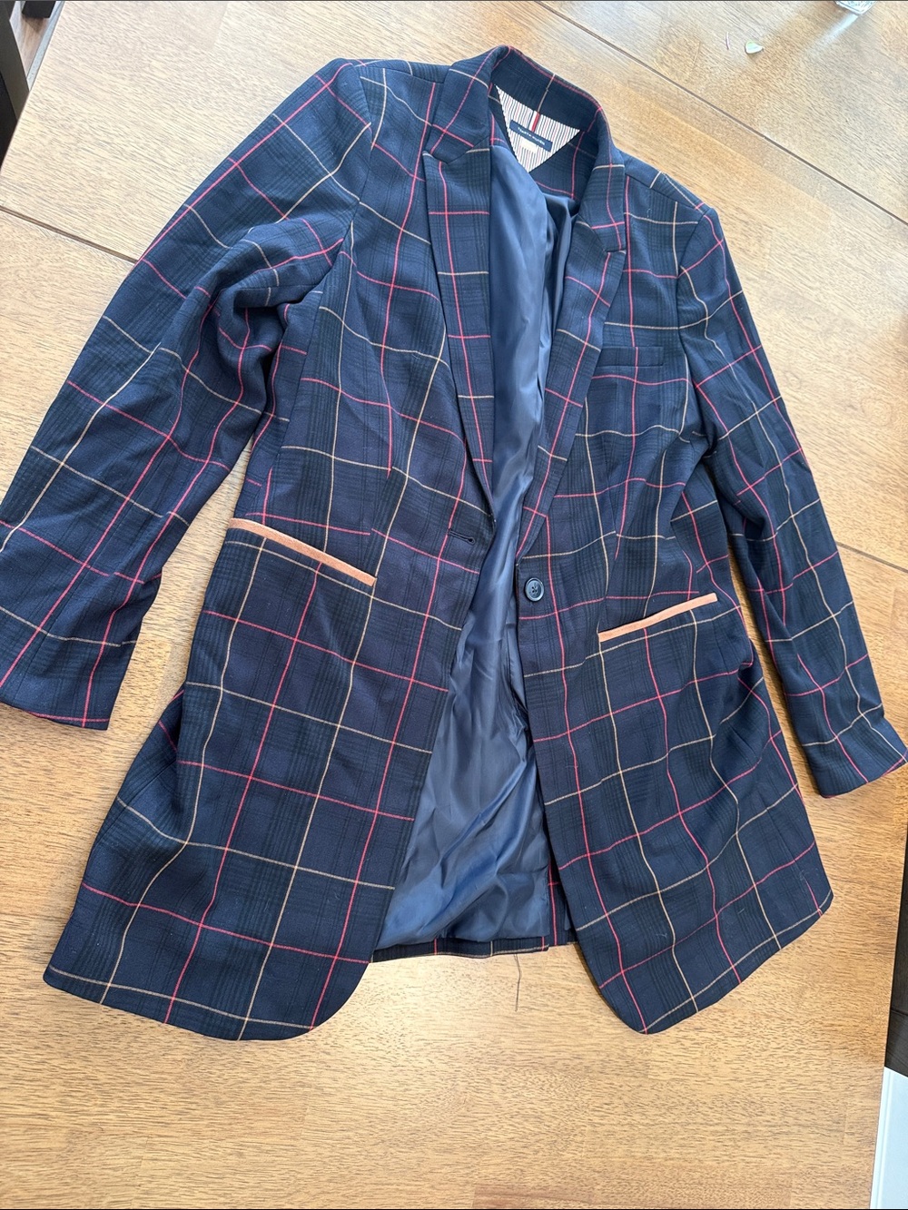 Tommy Hilfiger Navy Windowpane Blazer with Red and Tan Accents